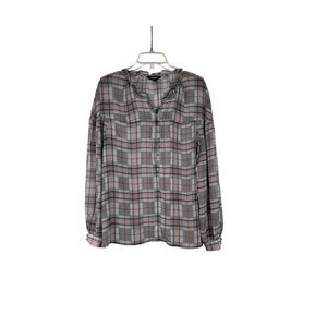Express Sheer Plaid 1/2 Button Front Long Sleeve Blouse XL